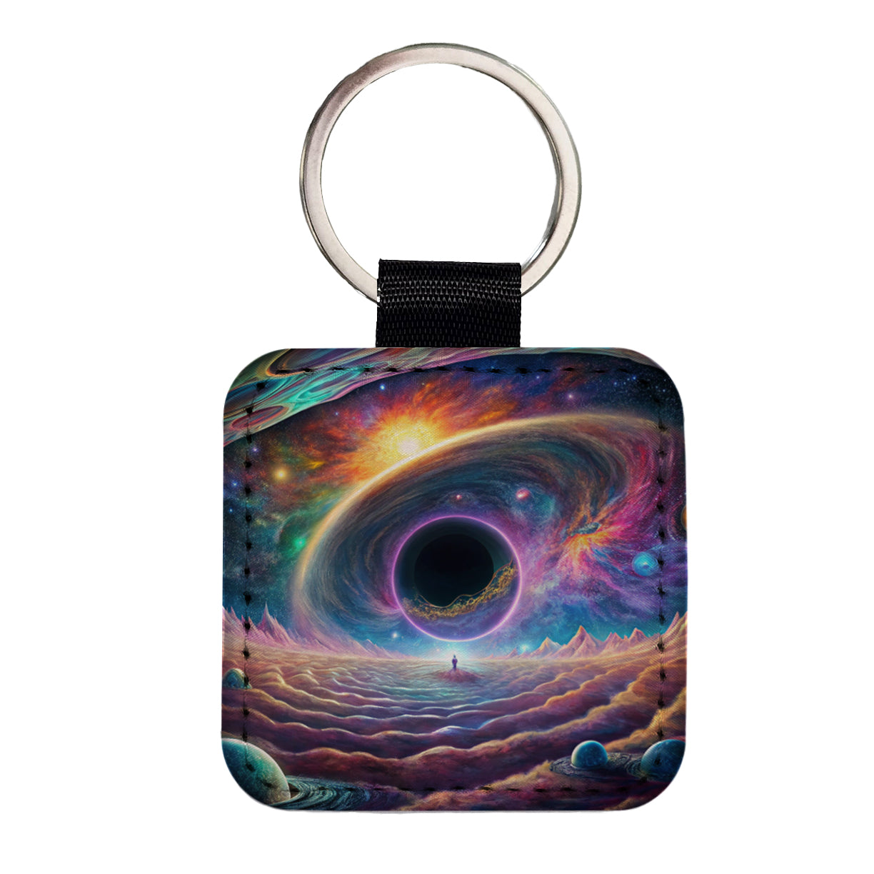 Psychedelic Black Hole Galaxy Space Vibrant Colors Square Faux Leather Keychain