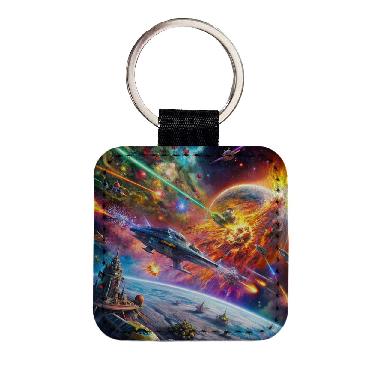 Psychedelic Colorful Space Sci-fi Starship Battle Square Faux Leather Keychain
