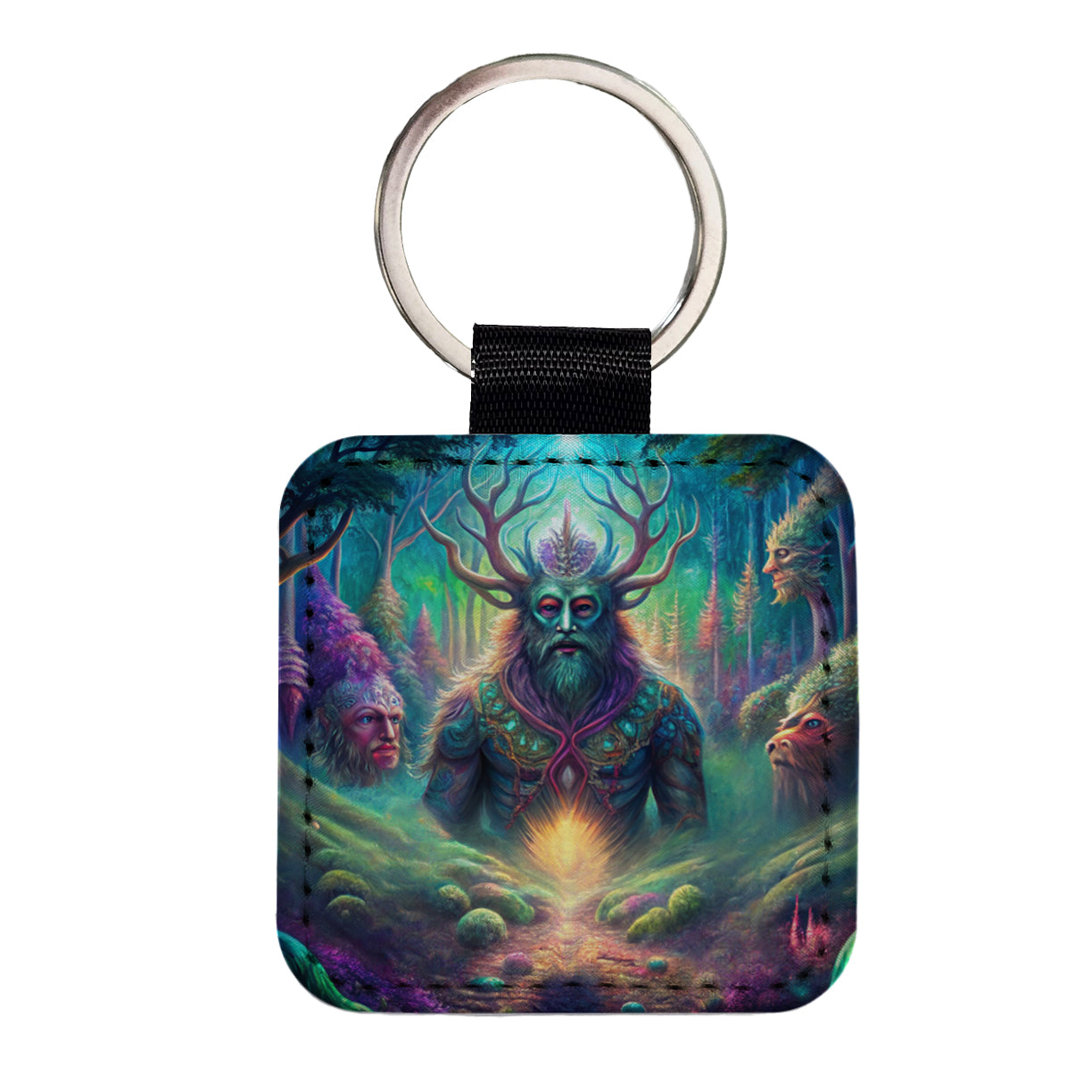 Psychedelic Forest Spirits Vibrant Colors Square Faux Leather Keychain