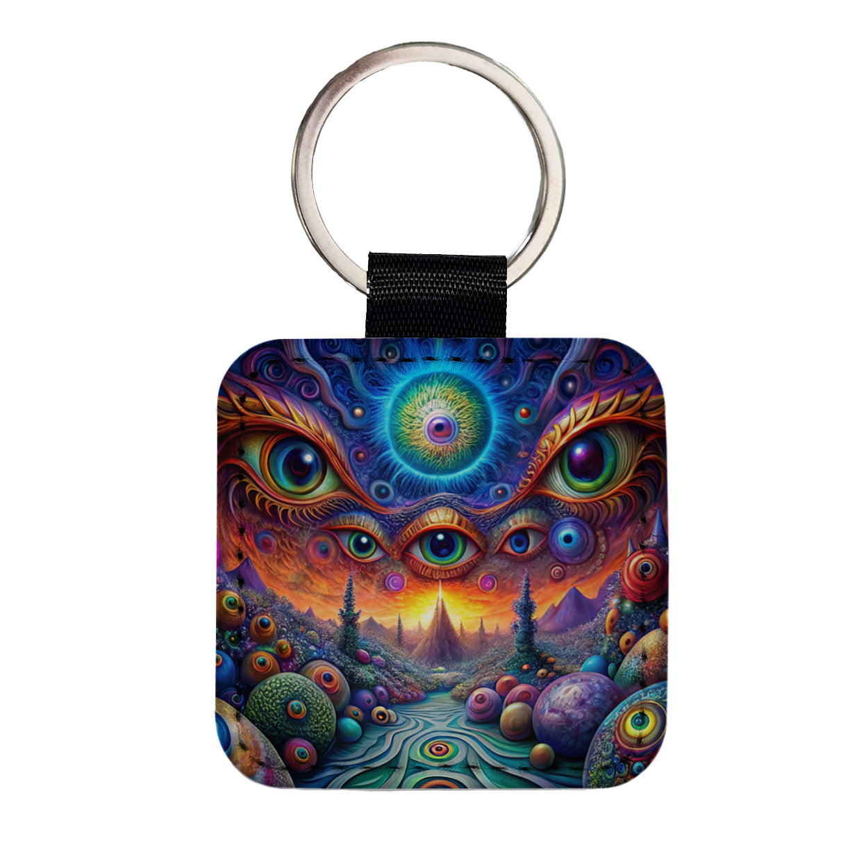 Psychedelic Lots of Eyes Vibrant Colors Square Faux Leather Keychain
