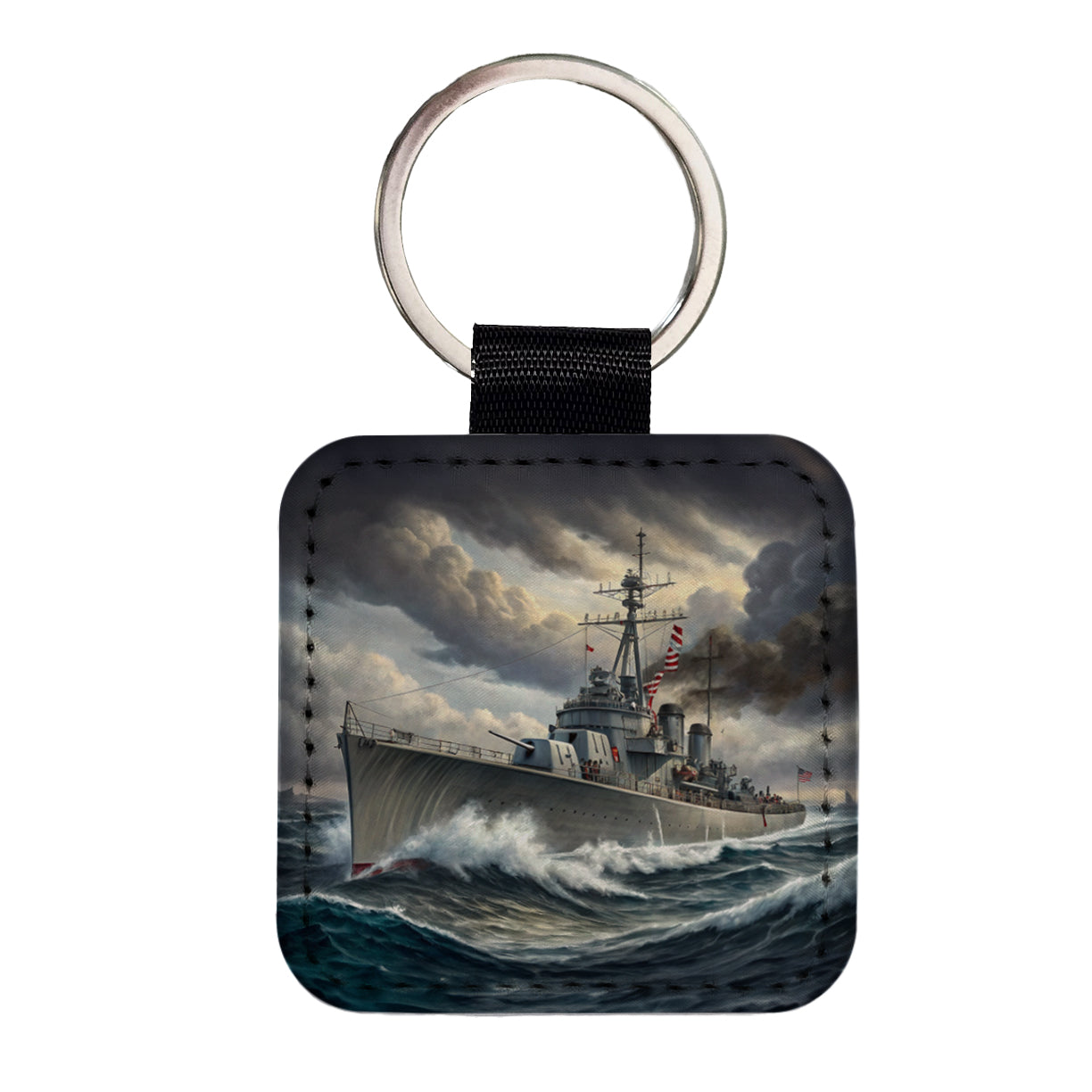 WWII Navy Destroyer Square Faux Leather Keychain