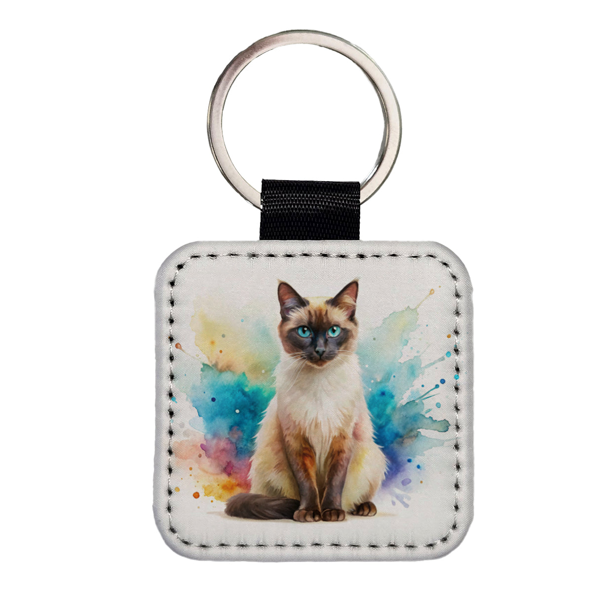 Balinese Cat Watercolor Style Square Faux Leather Keychain
