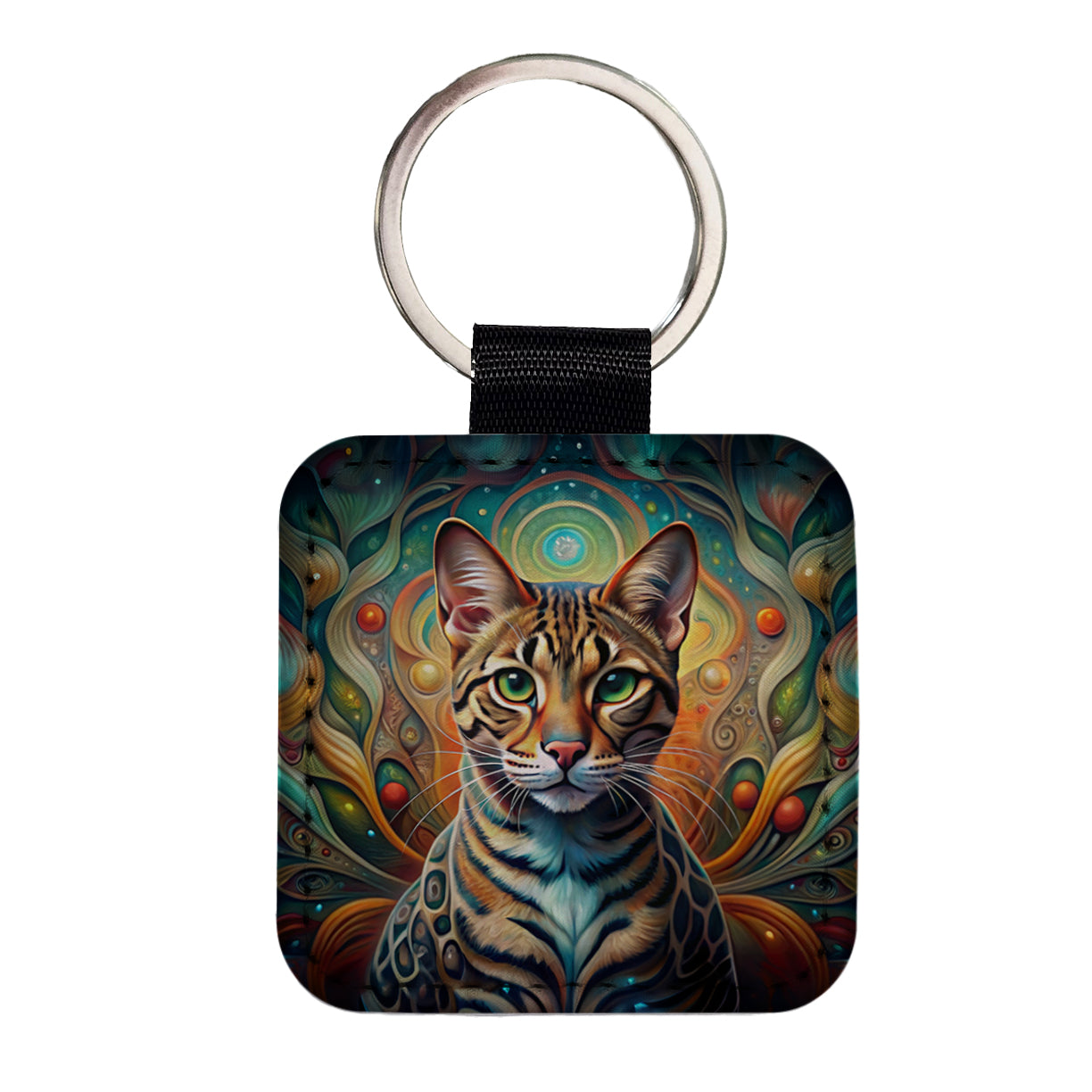 Bengal Cat Abstract Art Square Faux Leather Keychain
