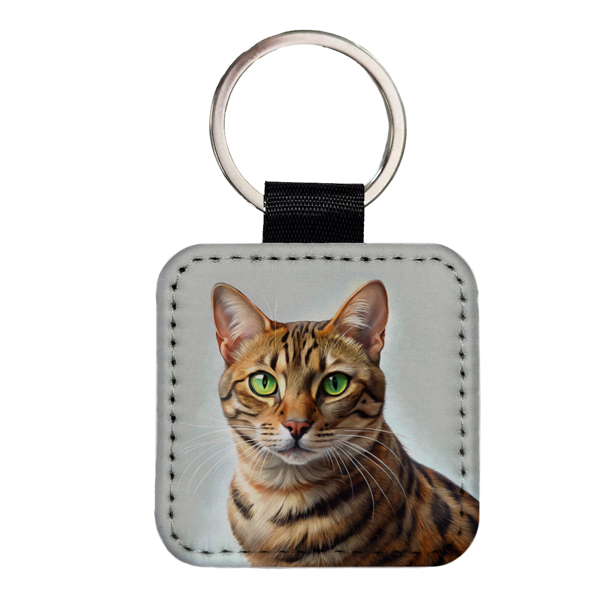 Bengal Cat Illustration Square Faux Leather Keychain