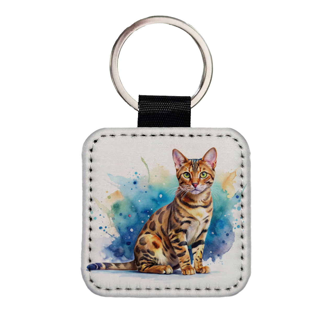 Bengal Cat Watercolor Style Square Faux Leather Keychain