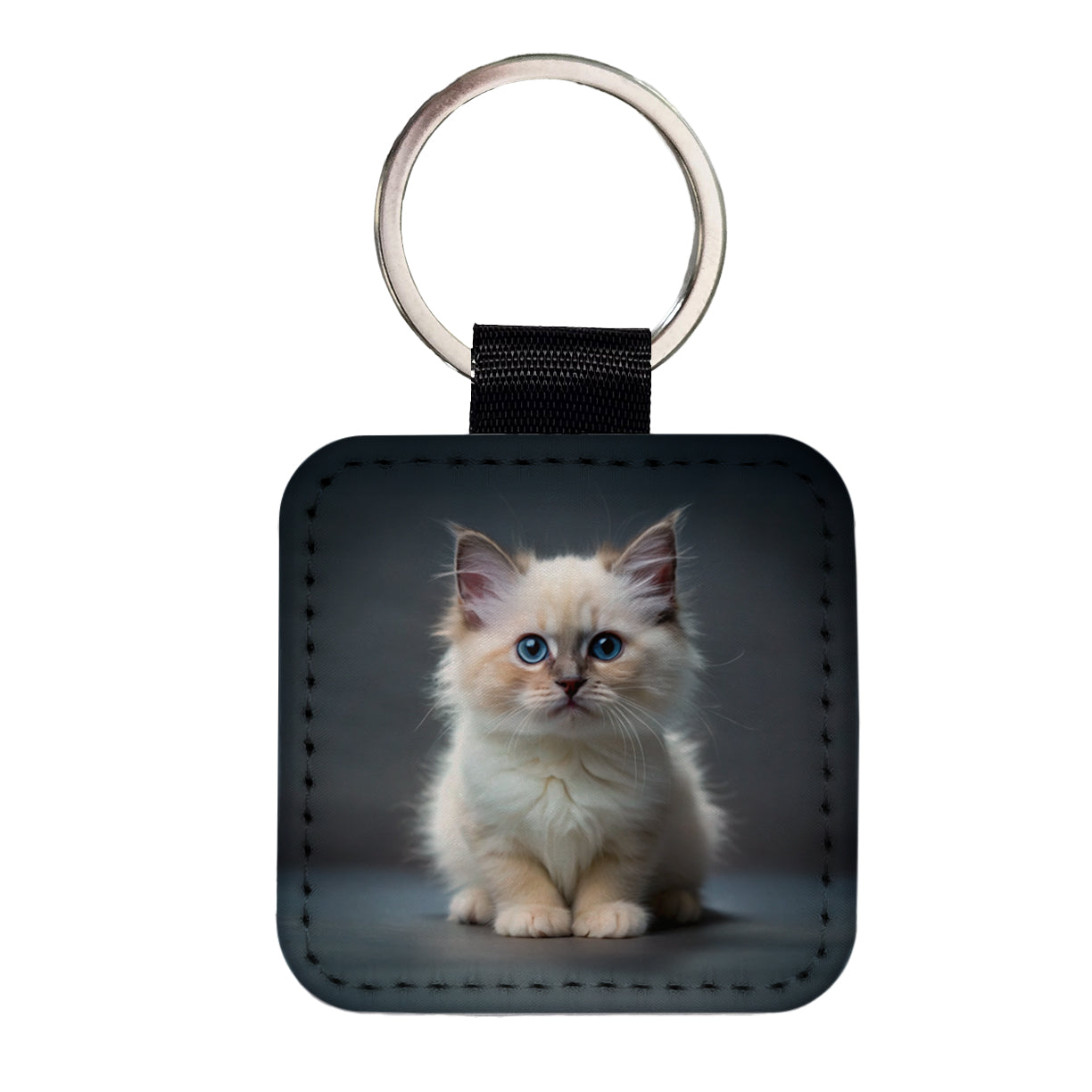 Birman Cat Kitten Photo Square Faux Leather Keychain
