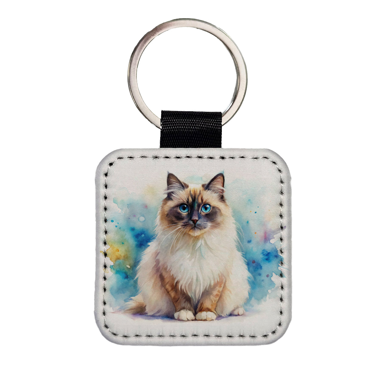 Birman Cat Watercolor Style Square Faux Leather Keychain