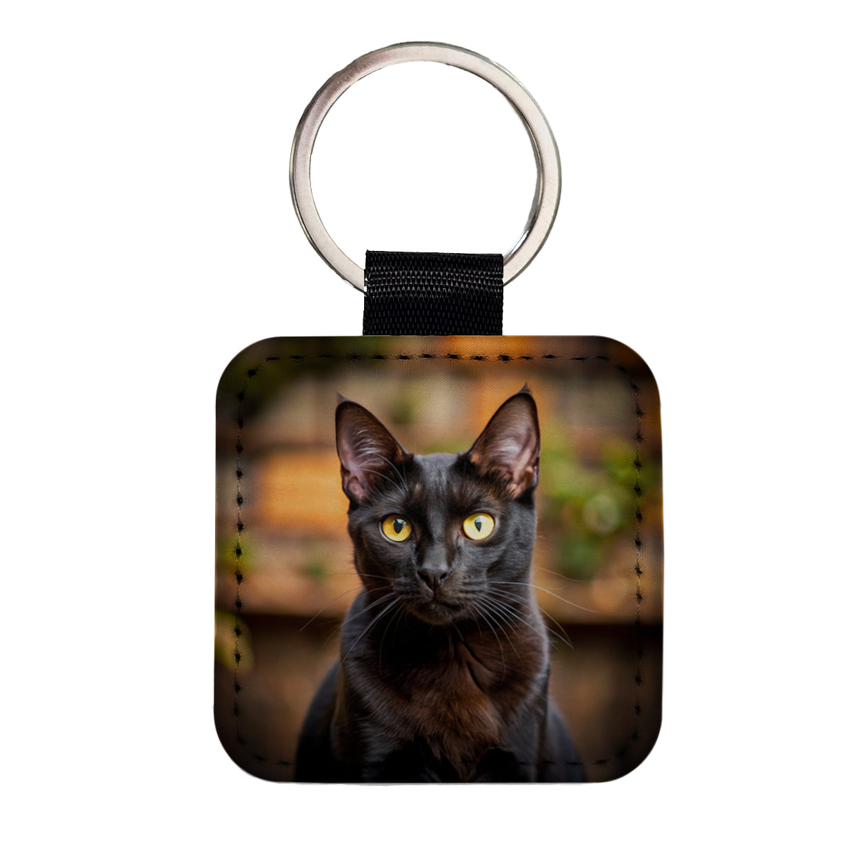 Bombay Black Cat Photo Square Faux Leather Keychain