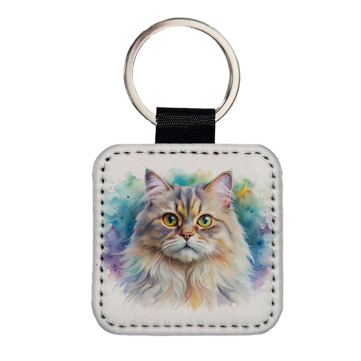 British Longhair Cat Watercolor Style Square Faux Leather Keychain