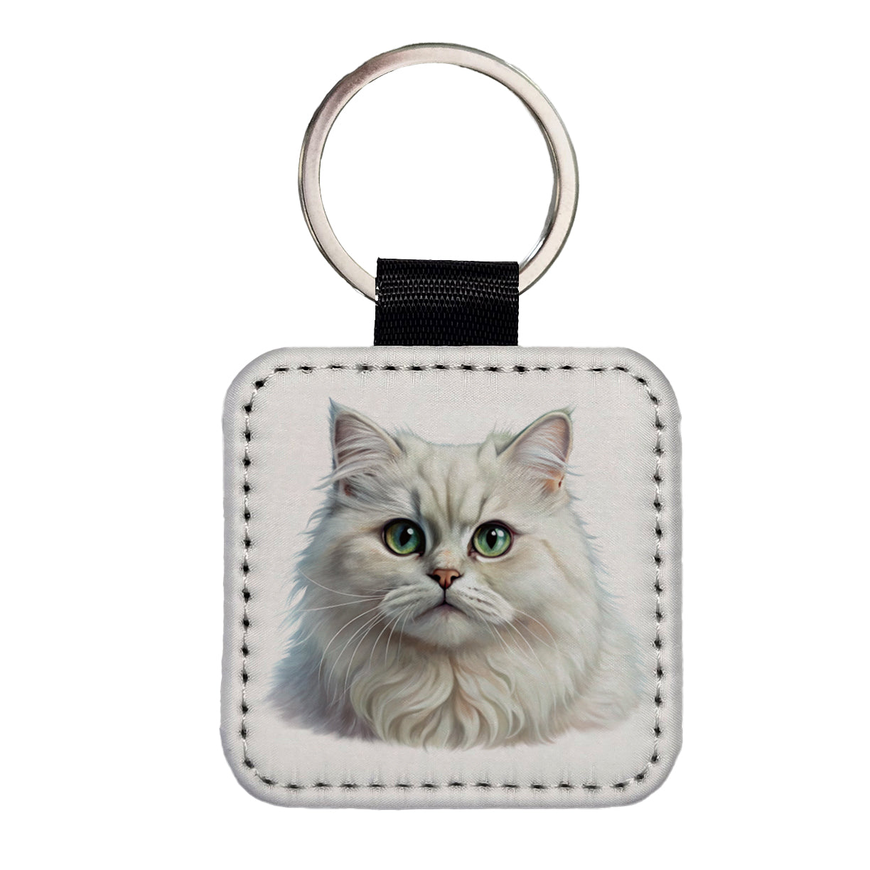 British Longhair White Cat Illustration Square Faux Leather Keychain