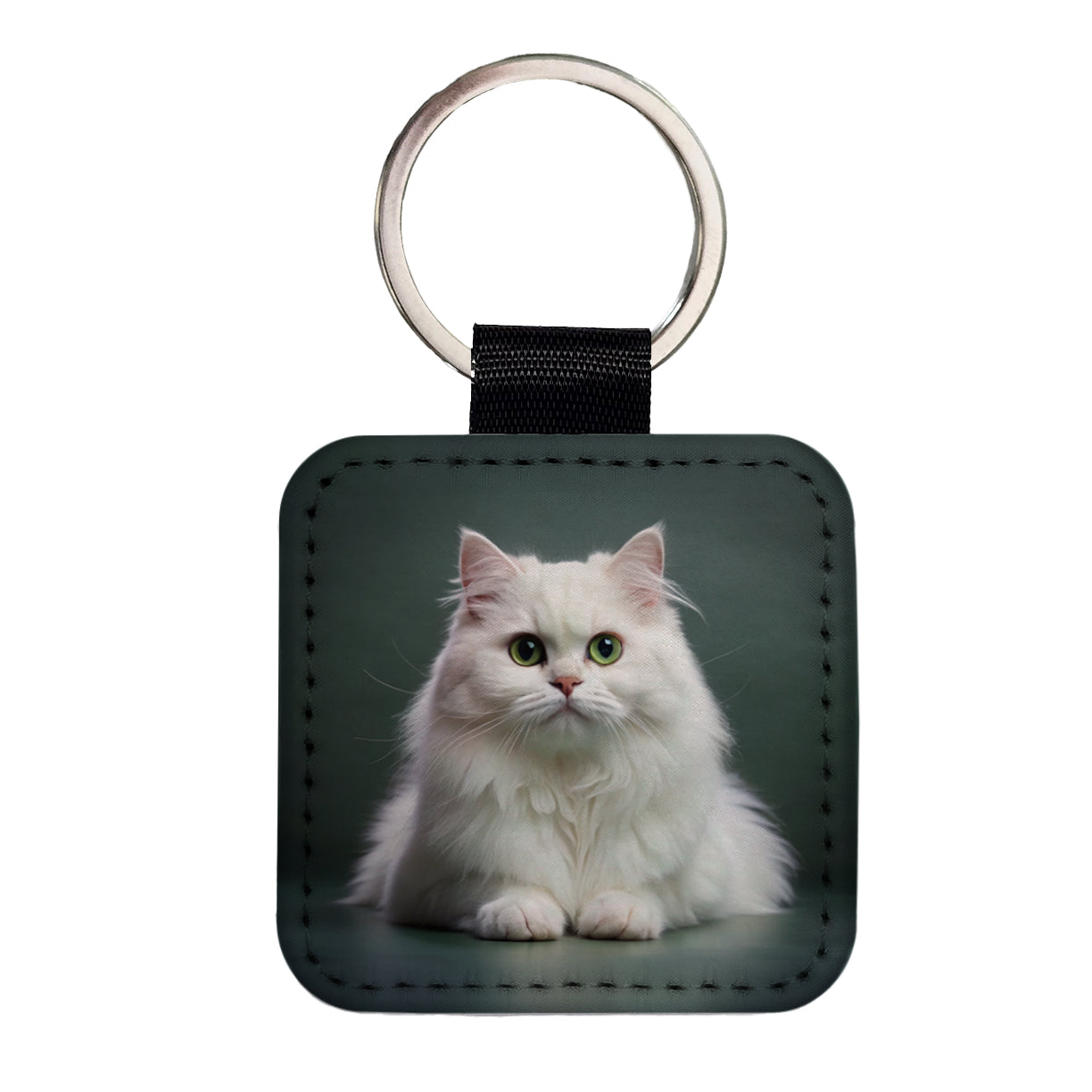 British Longhair White Cat Photo Square Faux Leather Keychain
