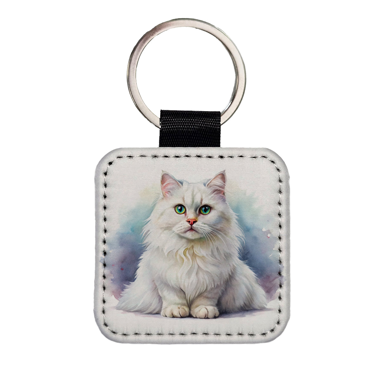 British Longhair White Cat Watercolor Style Square Faux Leather Keychain