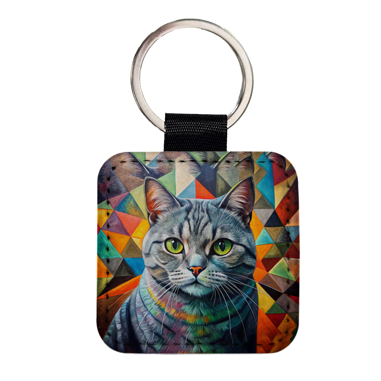 British Shorthair Gray Cat Abstract Art Square Faux Leather Keychain