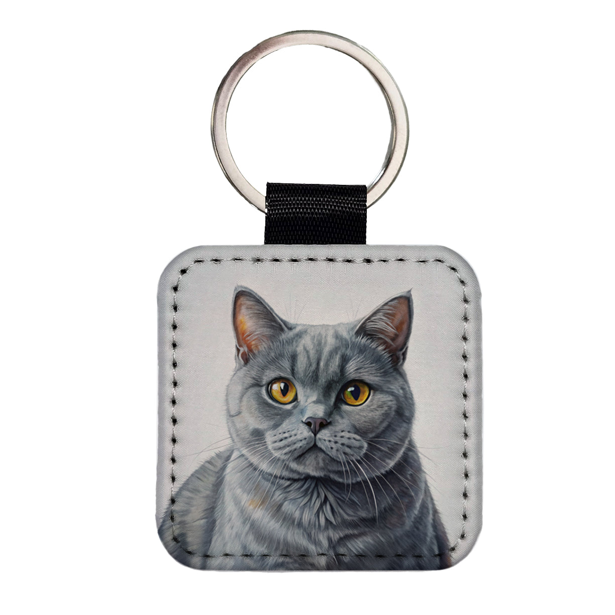 British Shorthair Gray Cat Illustration Square Faux Leather Keychain