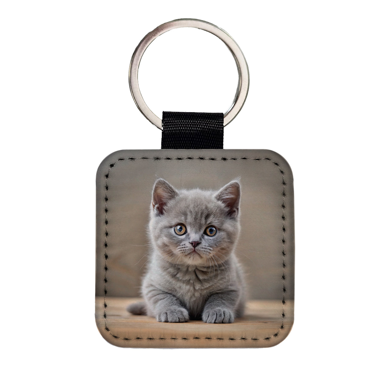 British Shorthair Gray Cat Kitten Photo Square Faux Leather Keychain