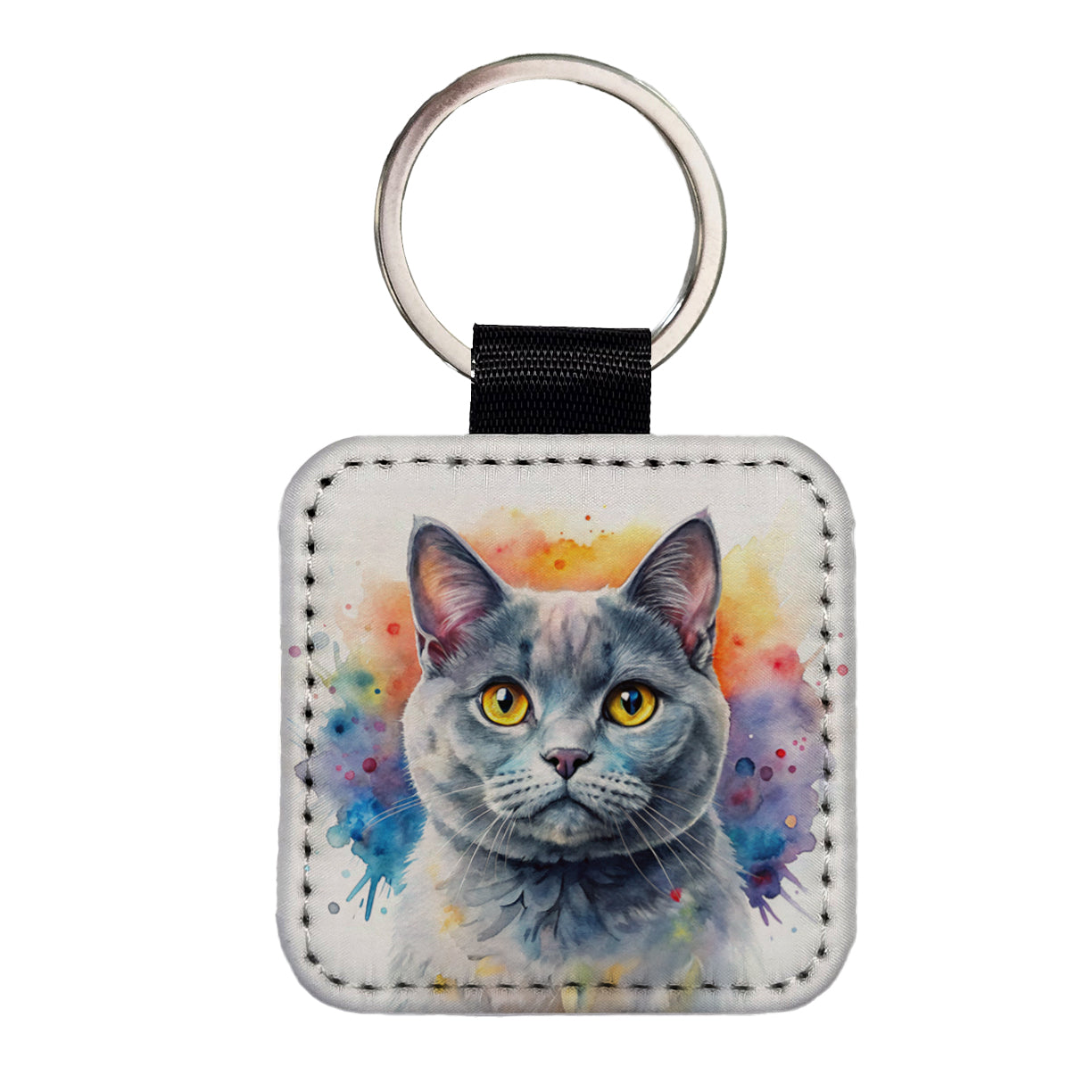 British Shorthair Gray Cat Watercolor Style Square Faux Leather Keychain