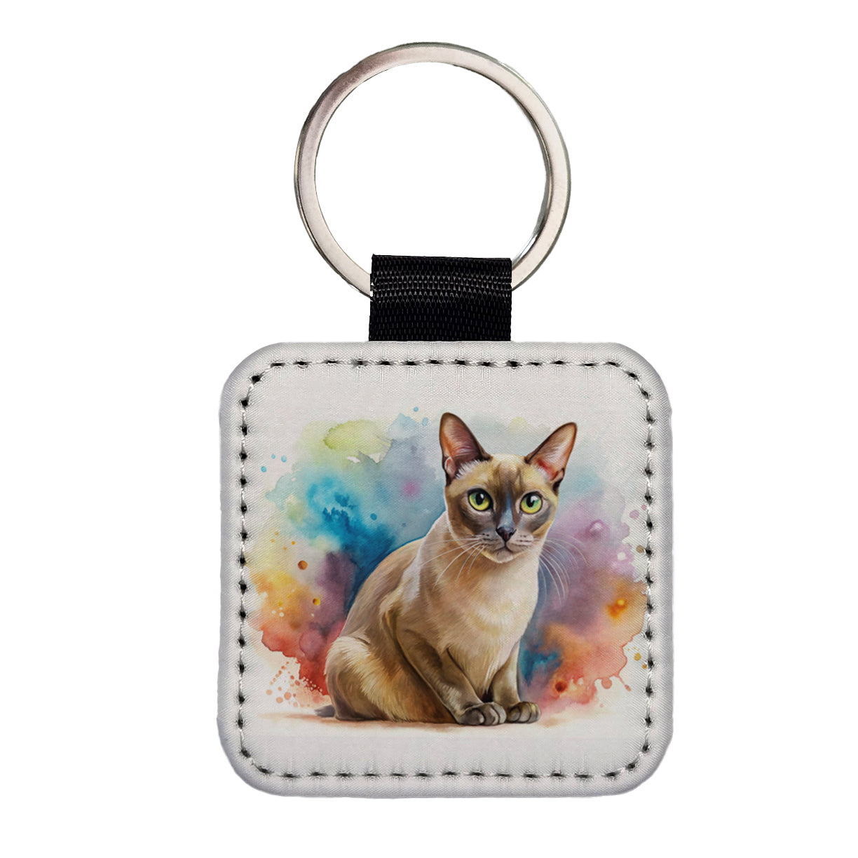 Burmese Cat Watercolor Style Square Faux Leather Keychain