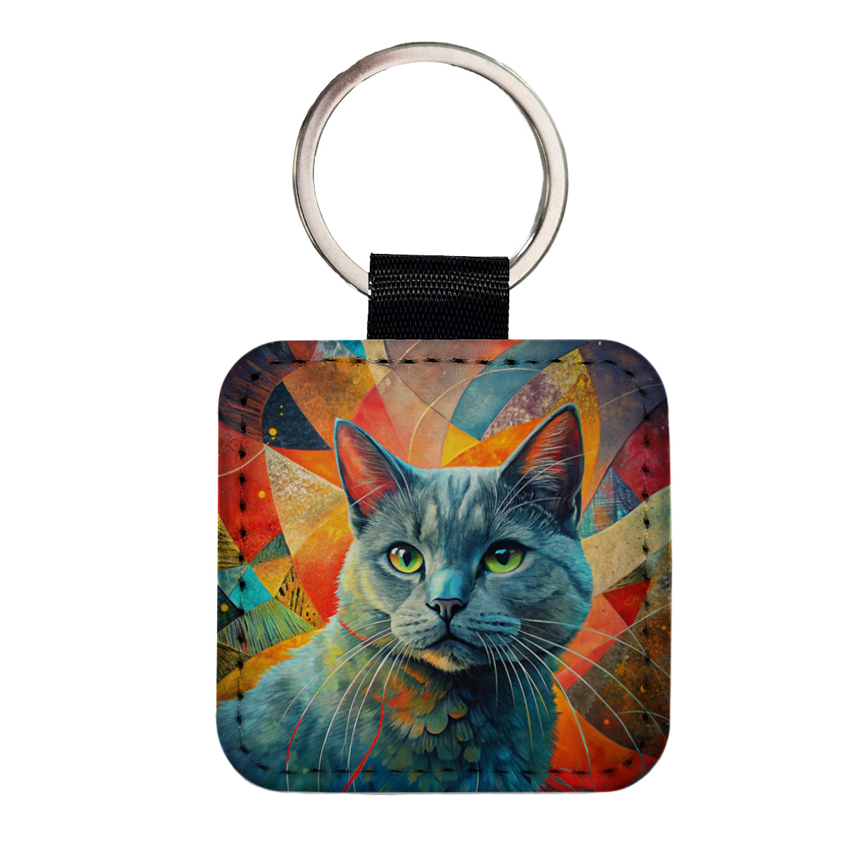 Chartreux Cat Abstract Art Square Faux Leather Keychain