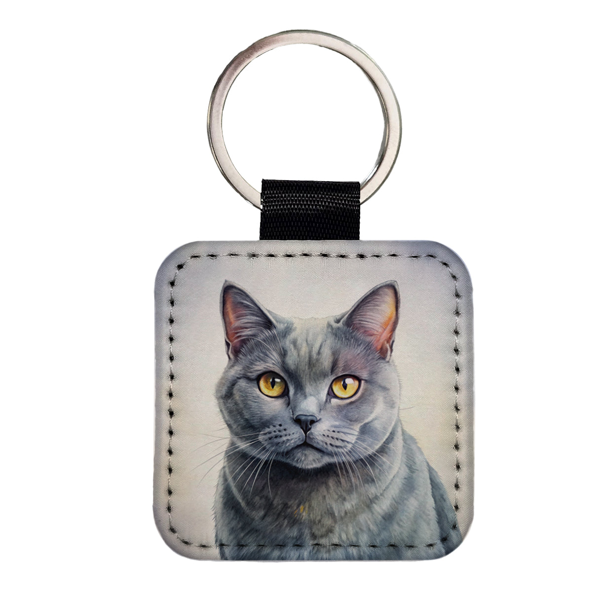 Chartreux Cat Illustration Square Faux Leather Keychain