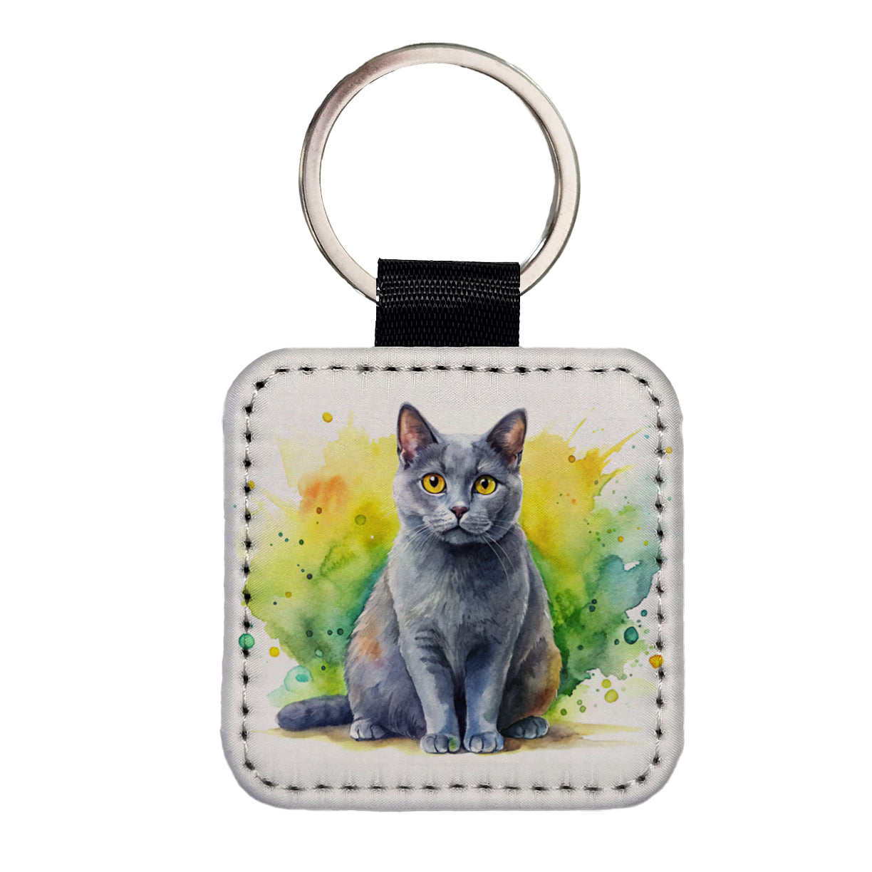 Chartreux Cat Watercolor Style Square Faux Leather Keychain