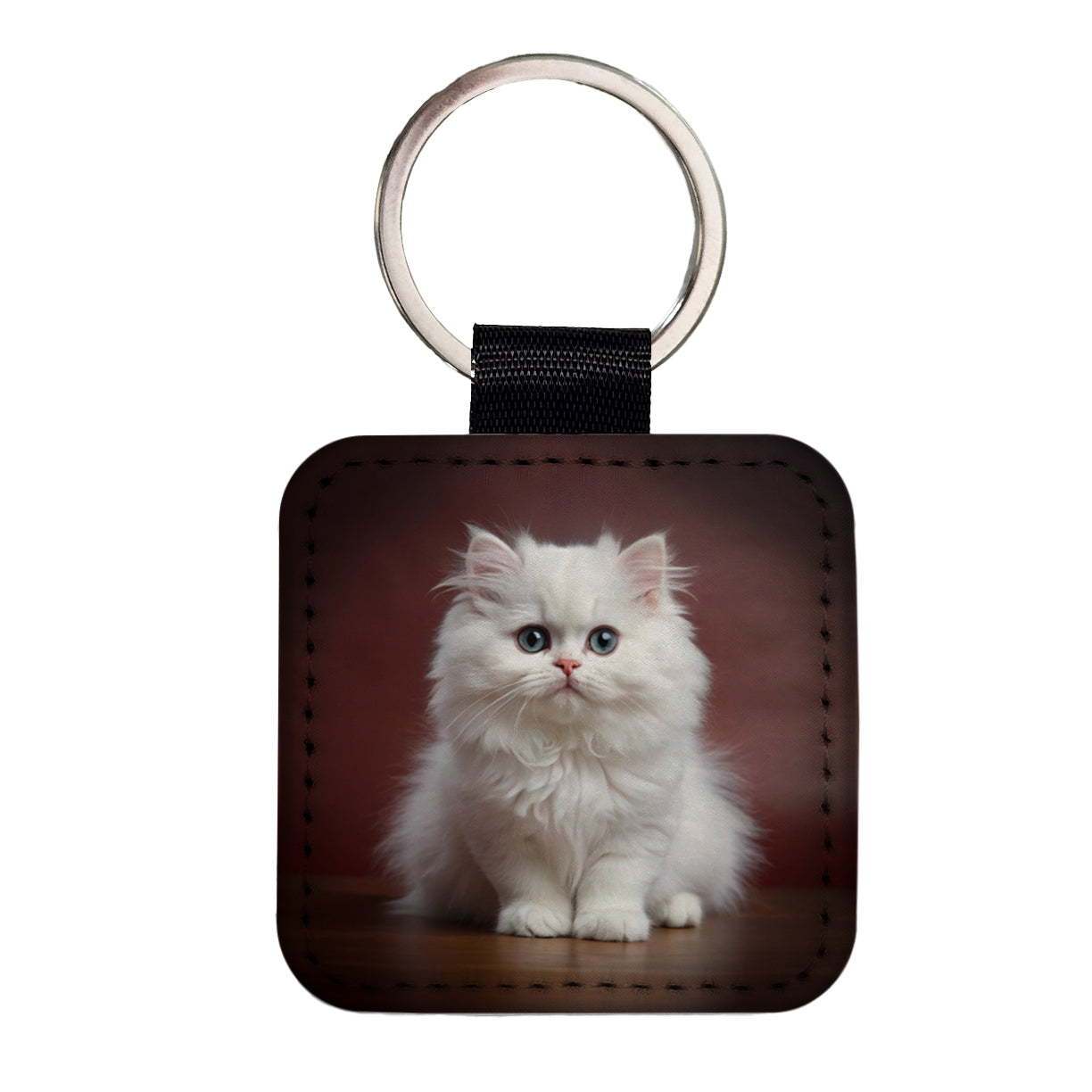 Classic Persian White Cat Kitten Photo Square Faux Leather Keychain