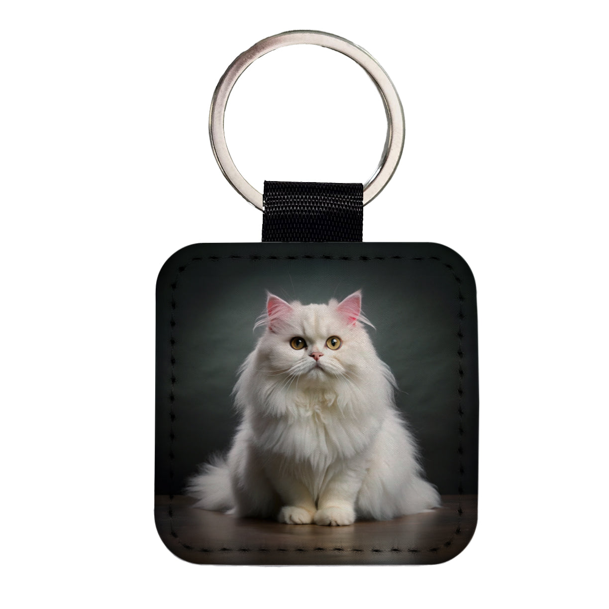 Classic Persian White Cat Photo Square Faux Leather Keychain