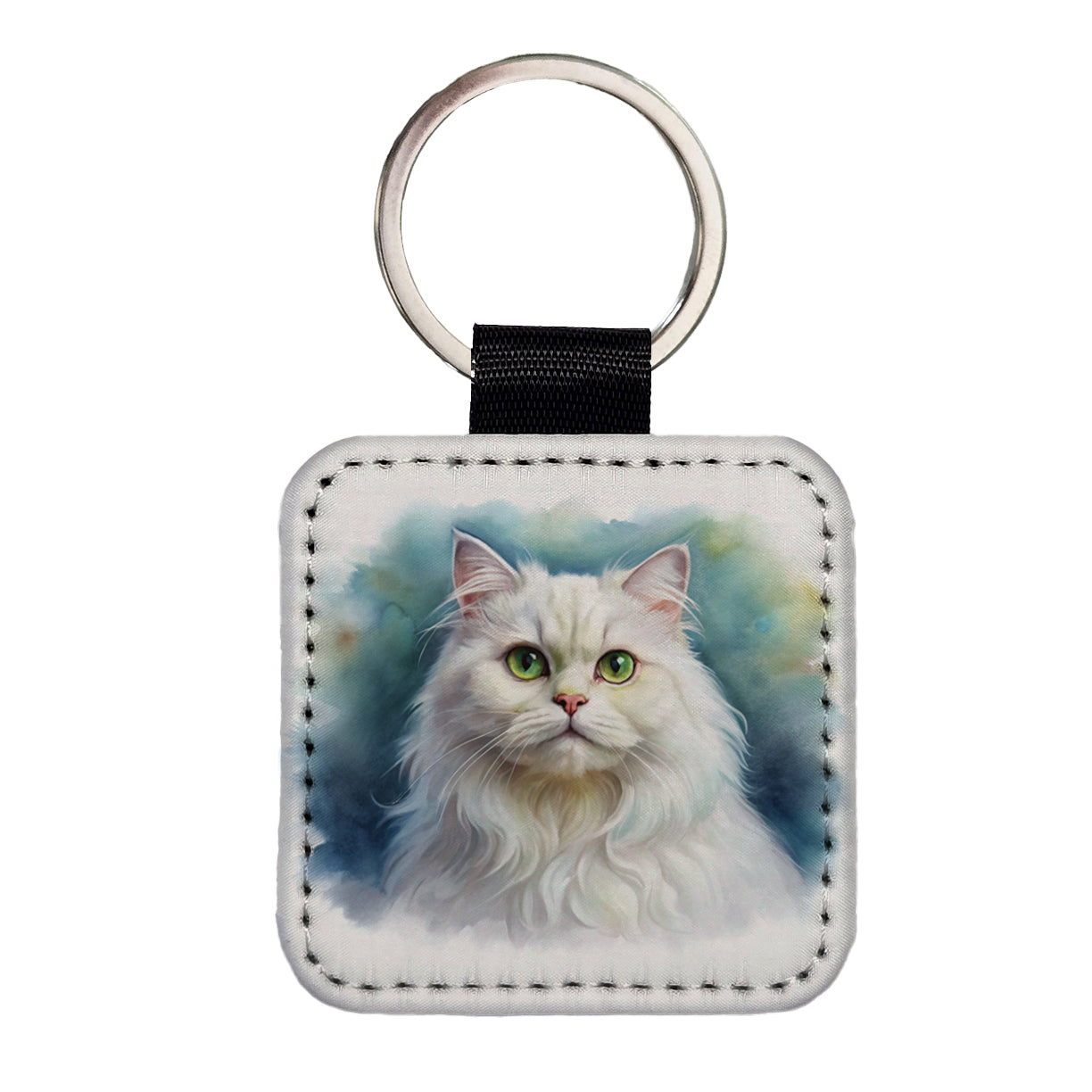 Classic Persian White Cat Watercolor Style Square Faux Leather Keychain