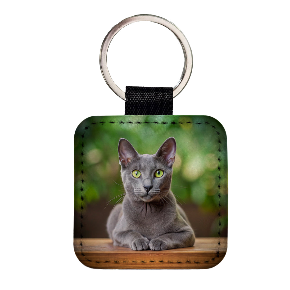 Korat Cat Photo Square Faux Leather Keychain