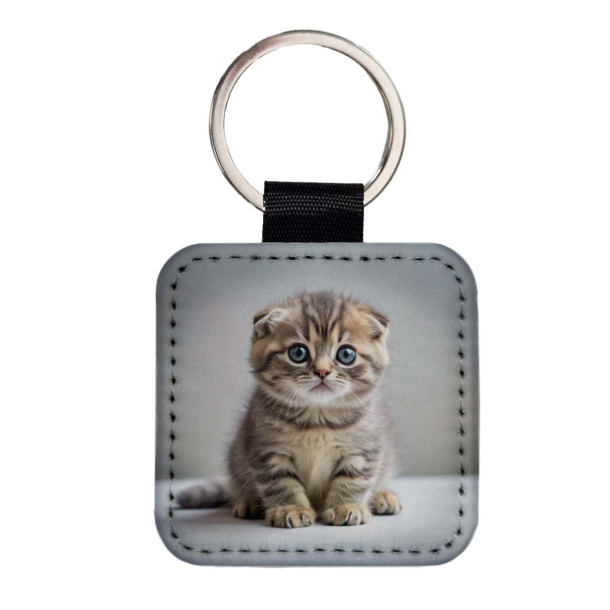 Scottish Fold Cat Kitten Photo Square Faux Leather Keychain