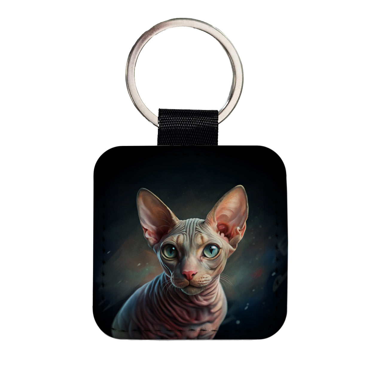 Sphynx Cat Illustration Square Faux Leather Keychain