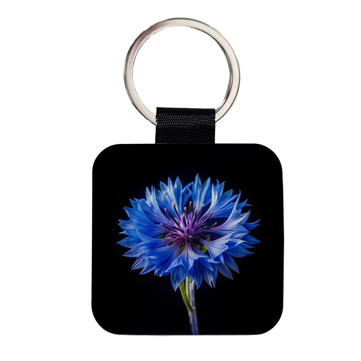 Blue Cornflower Photo Square Faux Leather Keychain