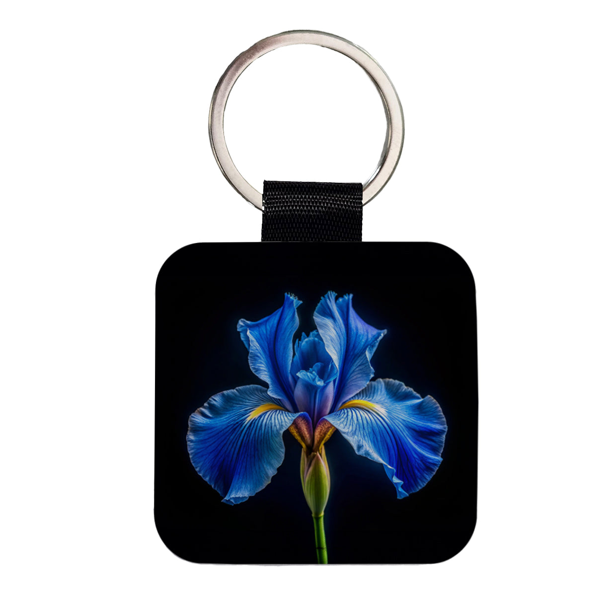 Blue Iris Flower Photo Square Faux Leather Keychain