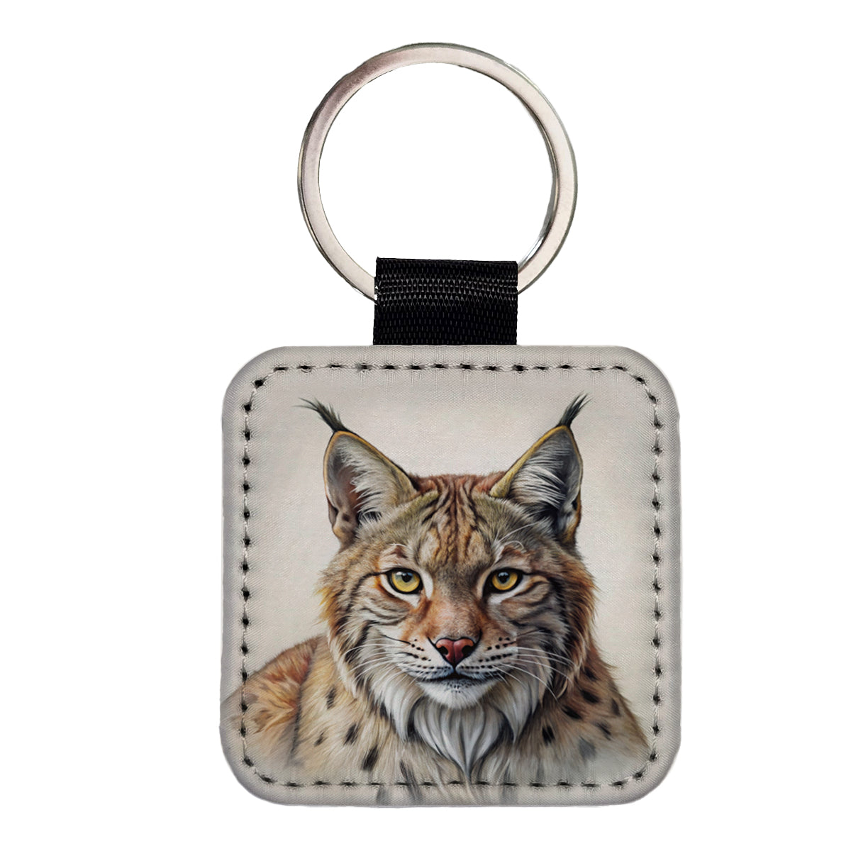 Bobcat Face Illustration Square Faux Leather Keychain