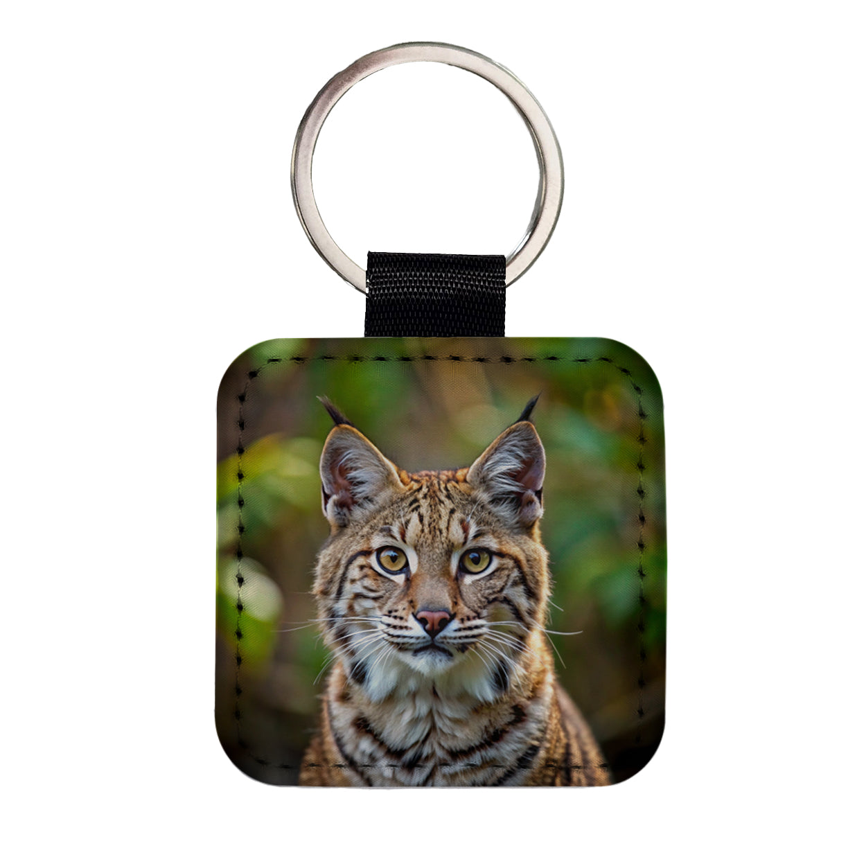 Bobcat Face Photo Square Faux Leather Keychain
