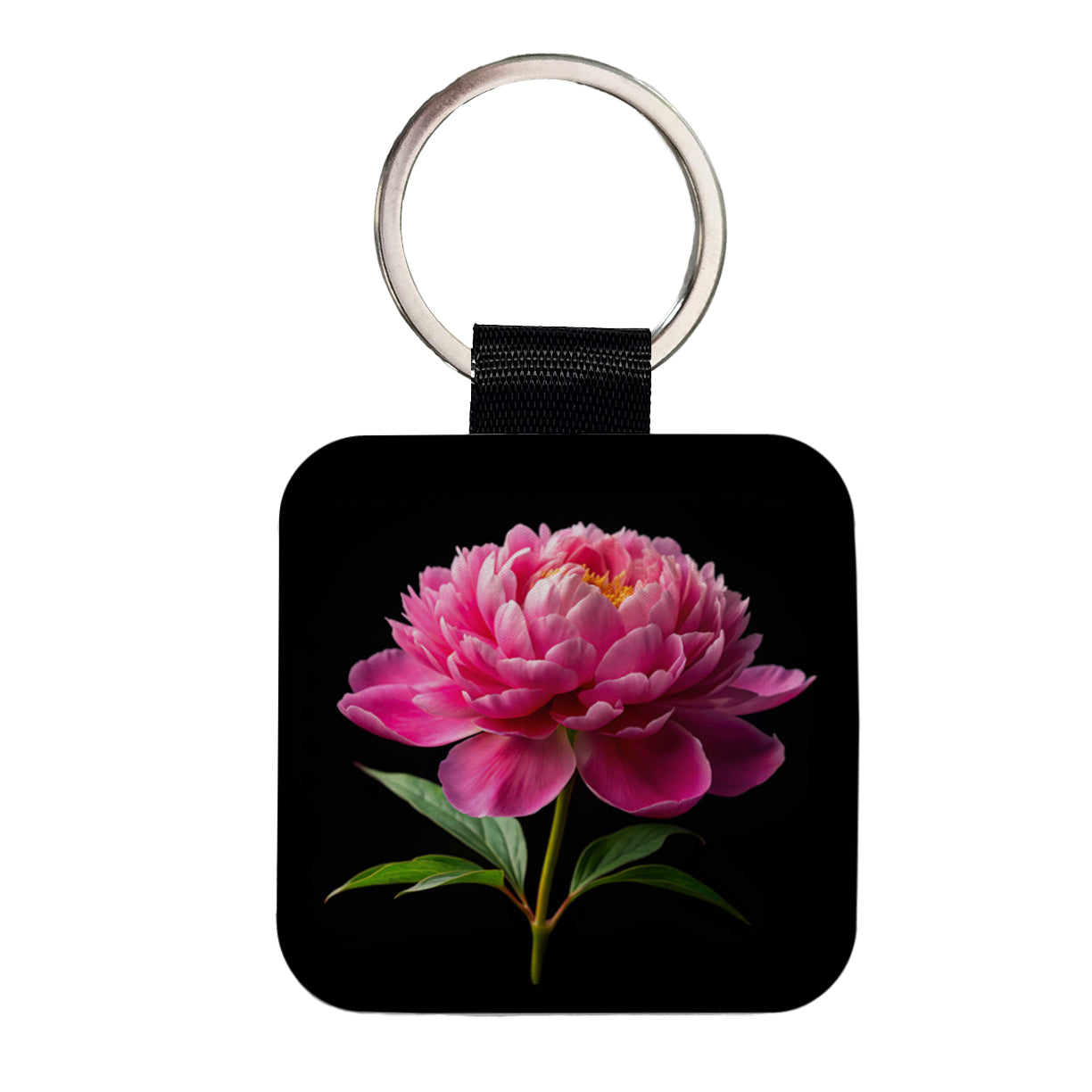Peony Flower Photo Square Faux Leather Keychain