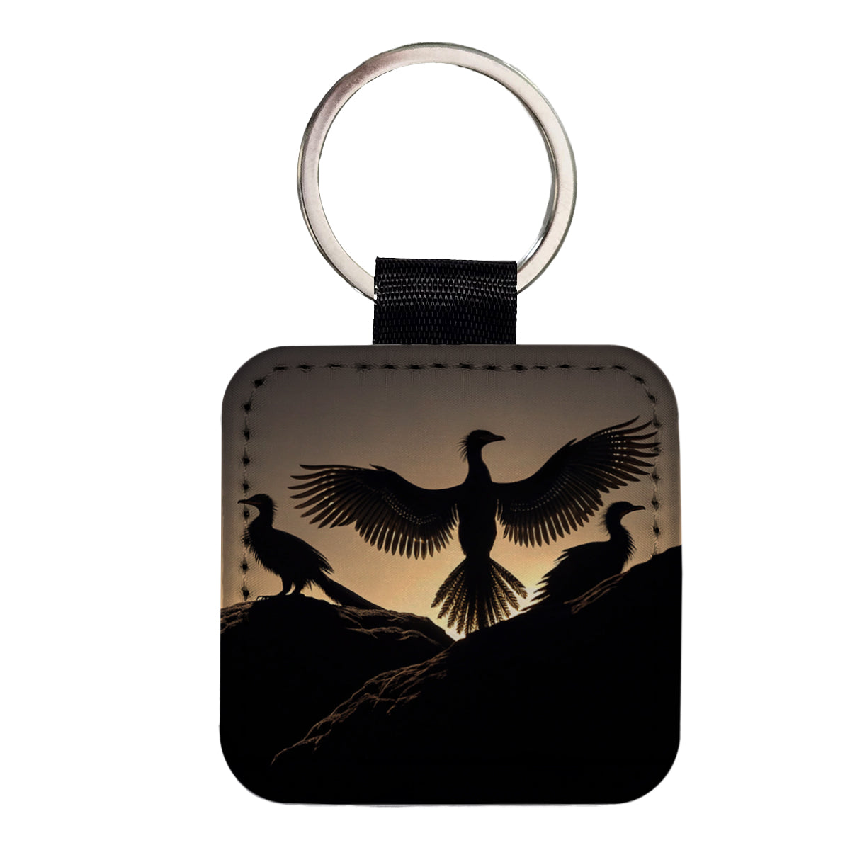 Archaeopteryx Silhouettes Dinosaurs Square Faux Leather Keychain