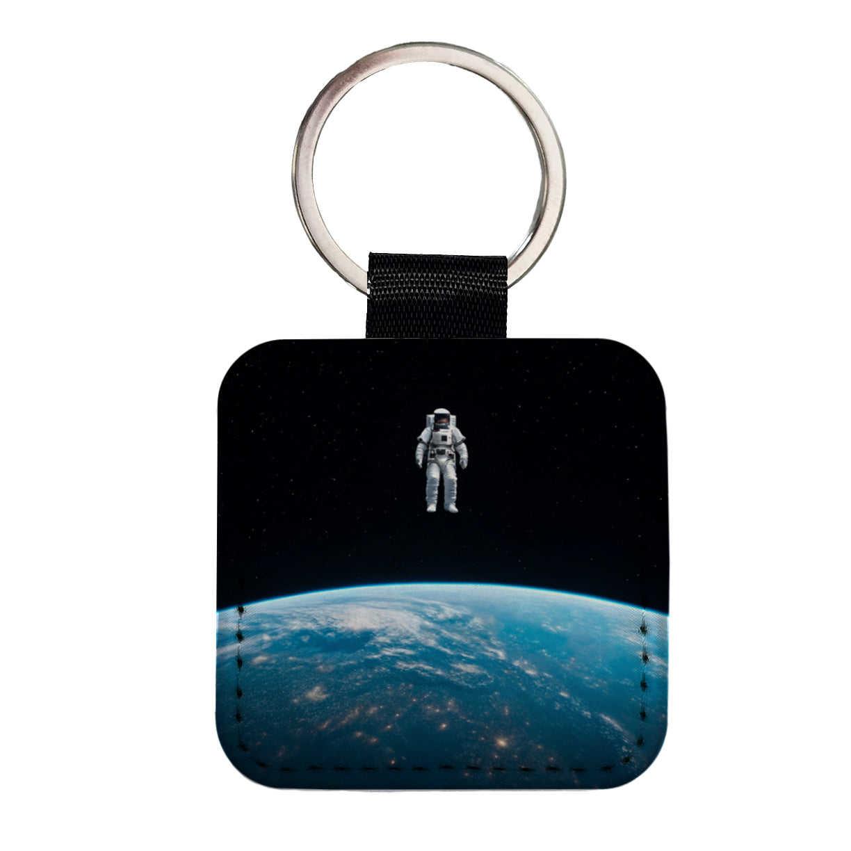 Astronaut Drifting In Space Above Earth Square Faux Leather Keychain