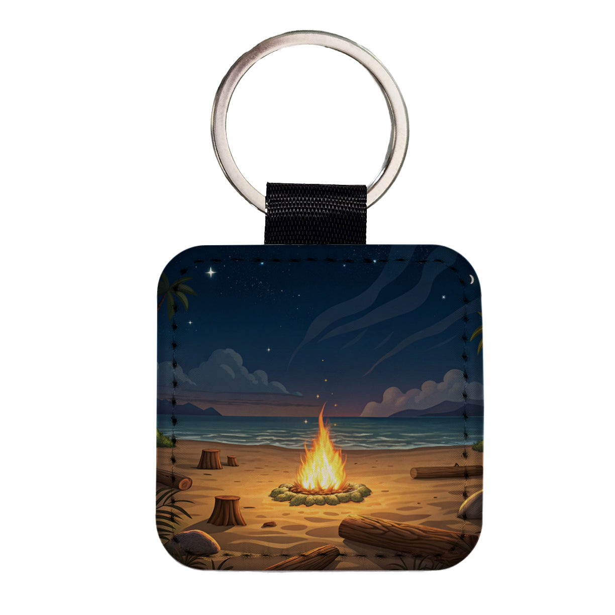 Beach Bonfire Drawing Square Faux Leather Keychain