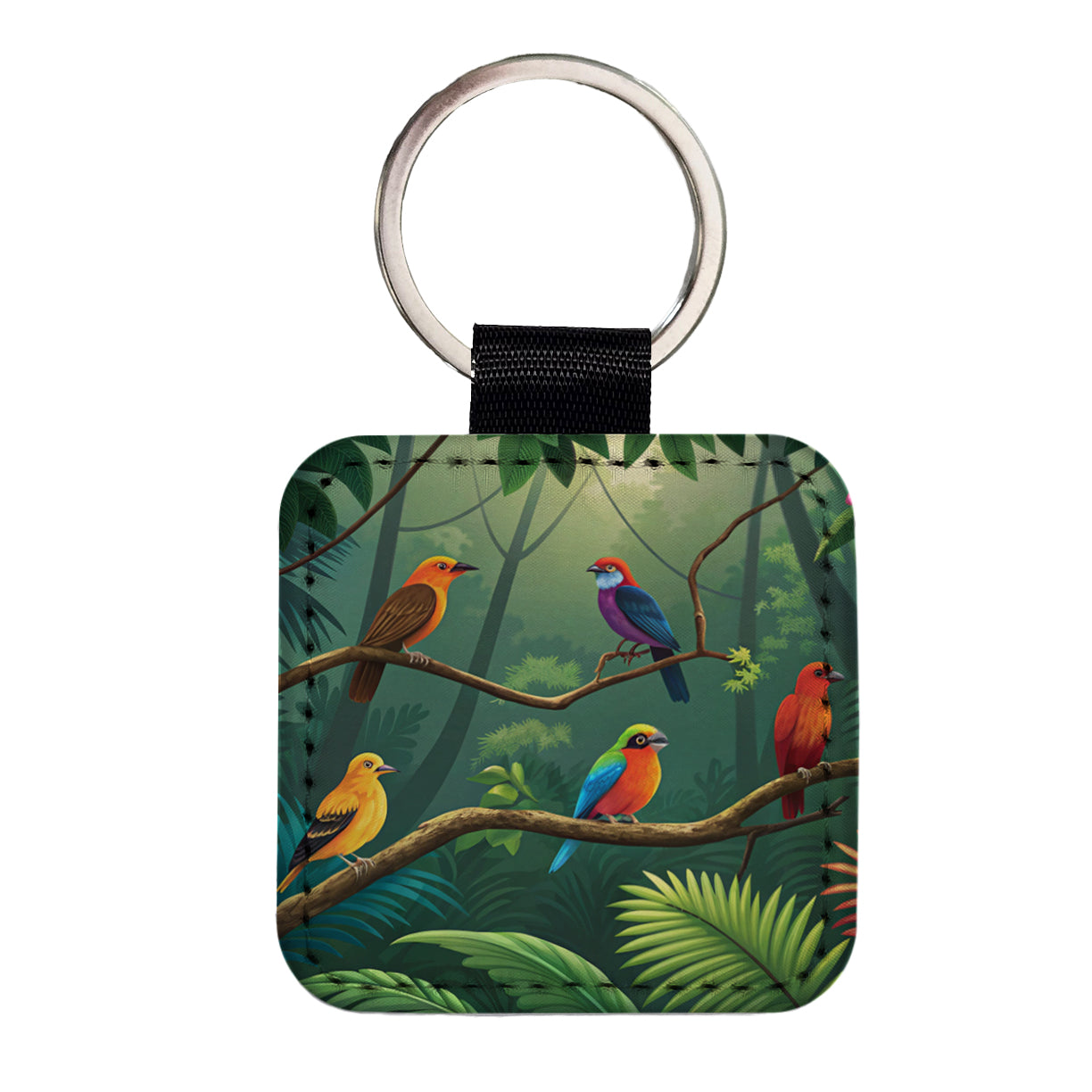 Birds In Jungle Colorful Square Faux Leather Keychain