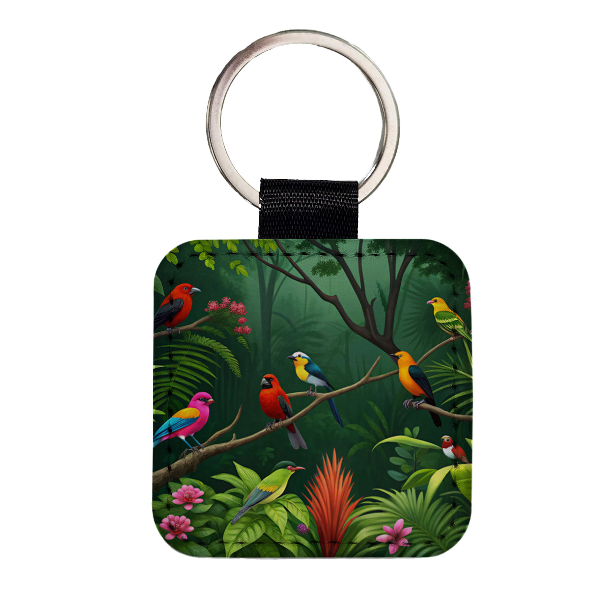 Birds In Jungle Trees Ferns Square Faux Leather Keychain