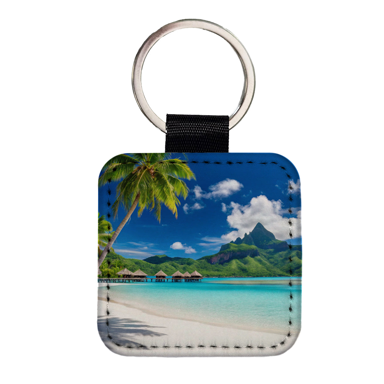 Bora Bora French Polynesia Bungalows Ocean Square Faux Leather Keychain