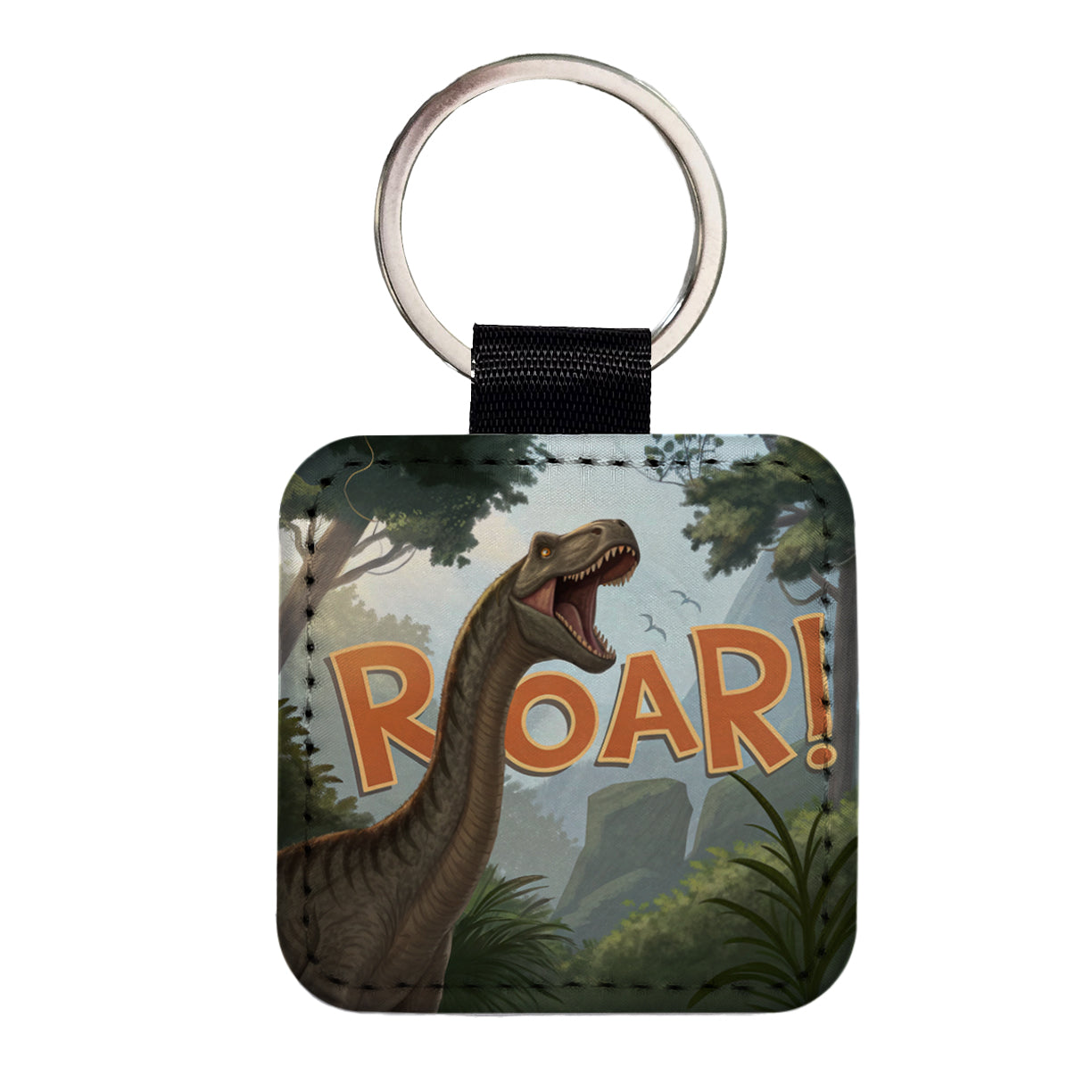 Brachiosaurus Roar Bold Text Dinosaur Square Faux Leather Keychain