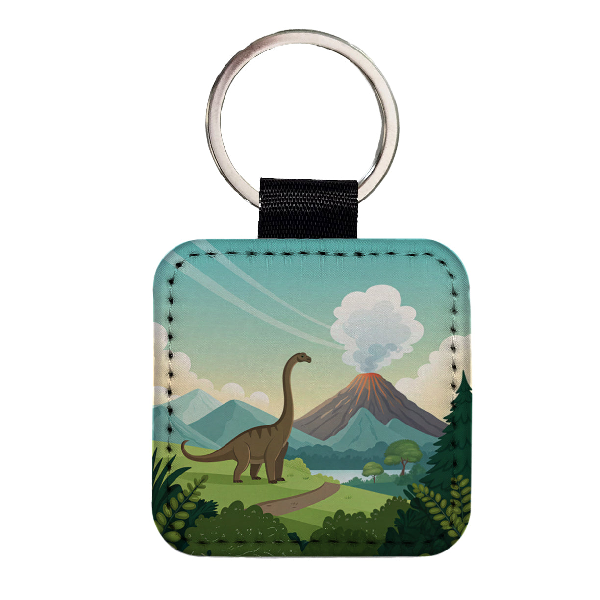 Brachiosaurus Volcano Erupting Dinosaur Square Faux Leather Keychain