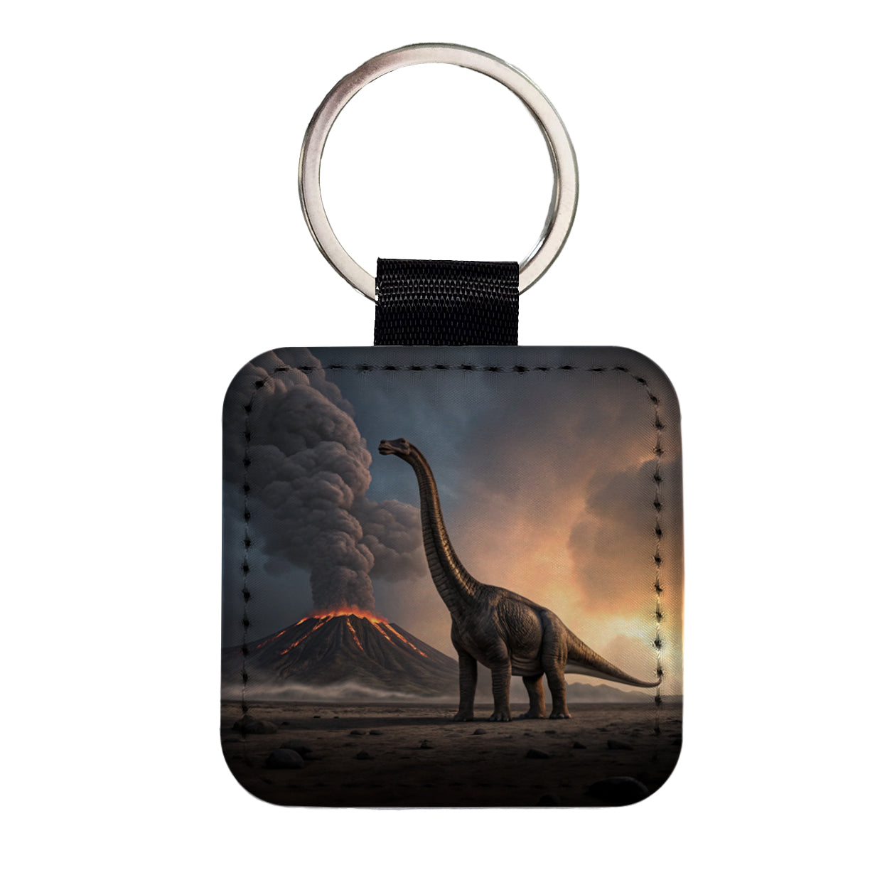 Brachiosaurus Volcano Stark Dinosaur Square Faux Leather Keychain