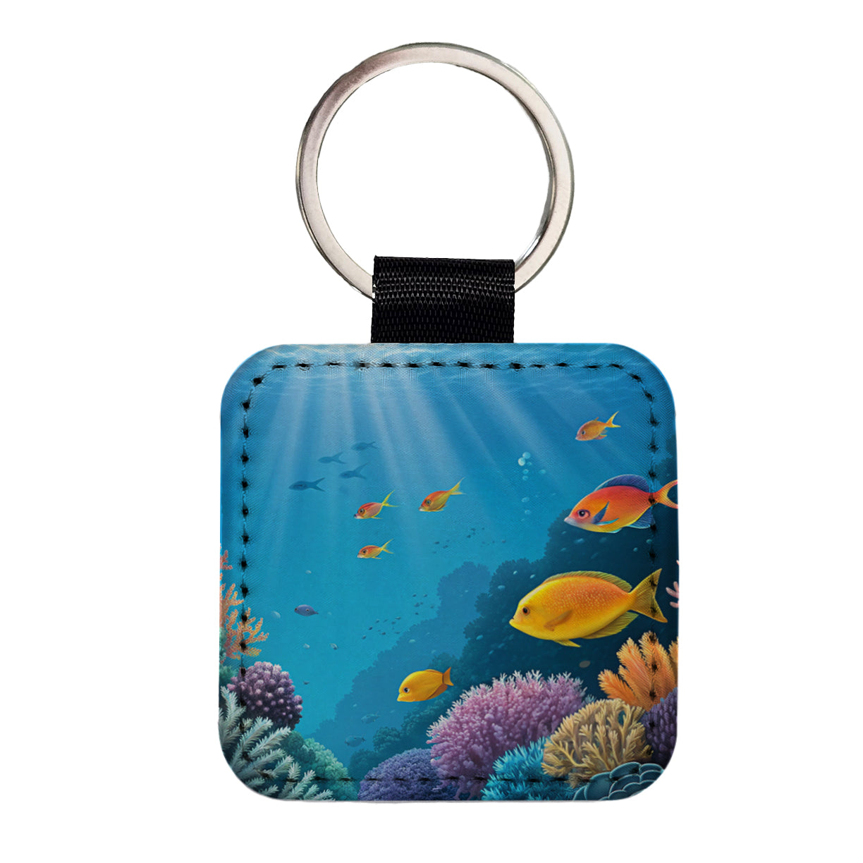 Bright Colorful Fish Coral Light Rays Tropical Ocean Square Faux Leather Keychain