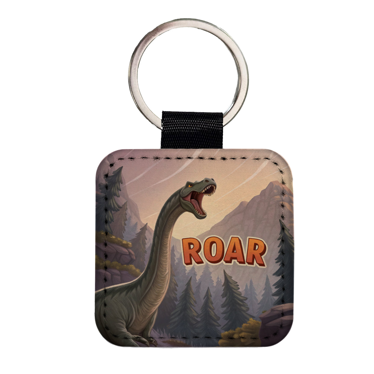 Brontosaurus Roar Bold Text Dinosaur Square Faux Leather Keychain