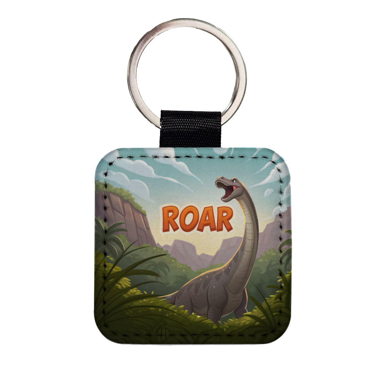 Brontosaurus Roar Dinosaur Cute Square Faux Leather Keychain
