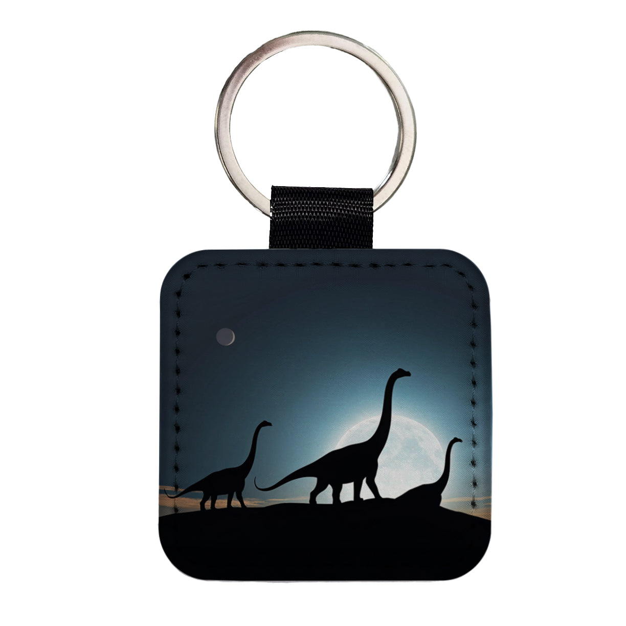 Brontosaurus Silhouettes Dinosaurs Night Sky Square Faux Leather Keychain