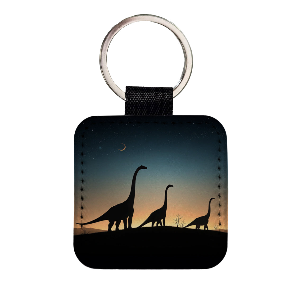 Brontosaurus Silhouettes Night Dinosaurs Square Faux Leather Keychain