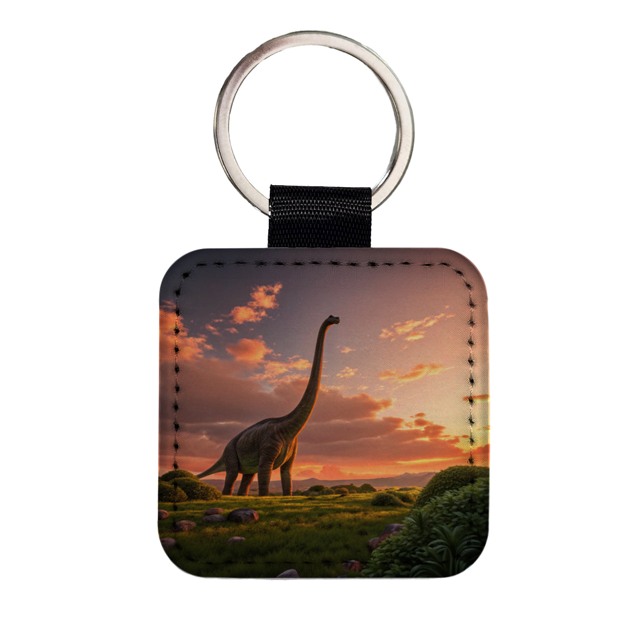 Brontosaurus Sunset Night Dinosaur Square Faux Leather Keychain